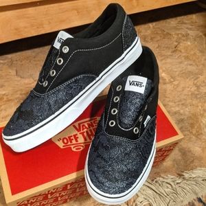 Vans Doheny shoe, women sz 9.5 black/white, custom lace overlay, ribbon laces